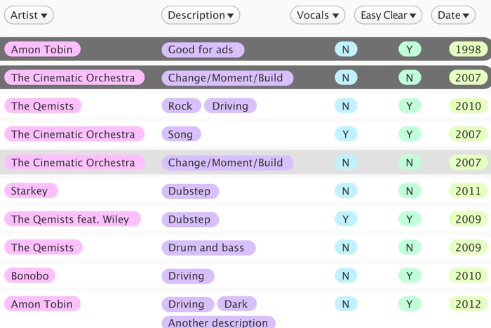 Tracklist with filters