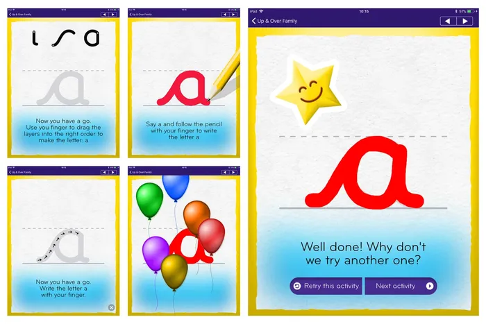 Screens from Single letters activity