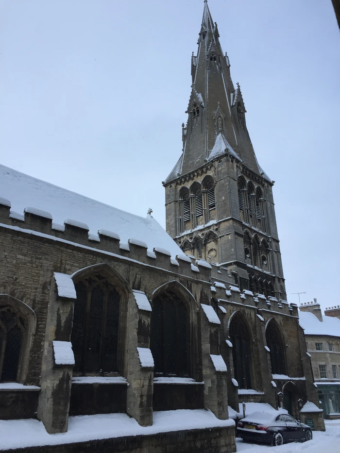 St. Mary's church in Stamford covered in snow