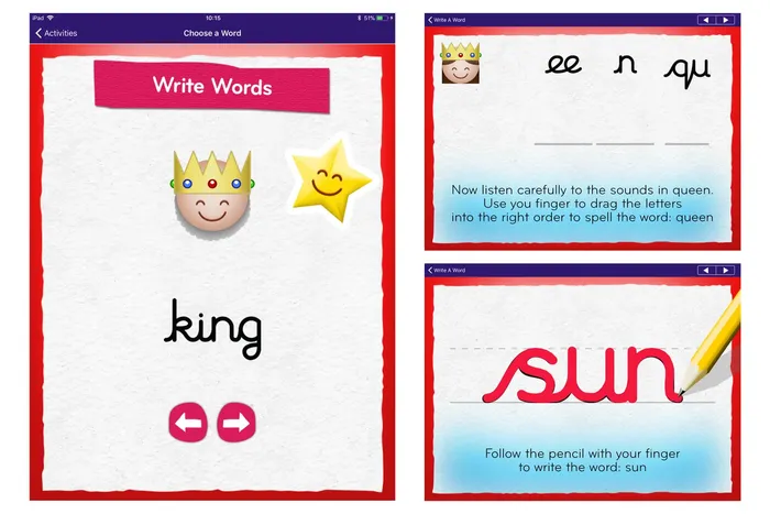 Screens from Write Words activity