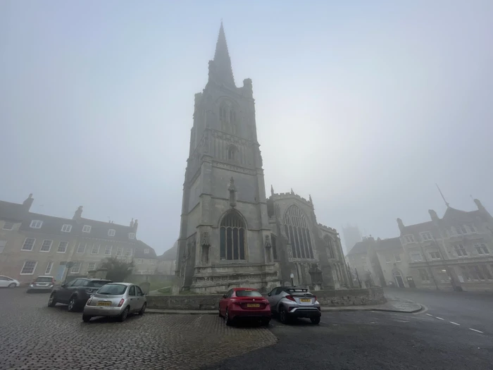 Stamford All Saints church looking ominous in the morning mist