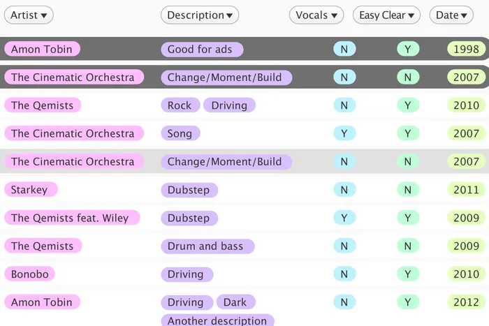 Tracklist with filters